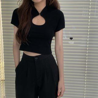 Short-sleeve Mandarin Collar Top / Wide-leg Dress Pants
