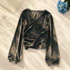 Balloon-sleeve V-neck Velvet Blouse