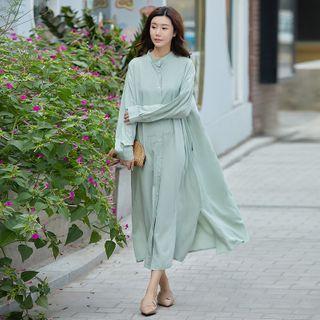 Long-sleeve Plain Loose-fit Dress Light Green - One Size