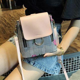 Hoop Buckled Floral Plaid Panel Backpack