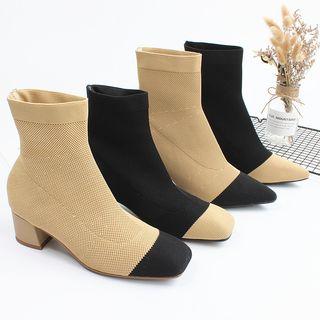 Two Tone Block Heel Knit Booties