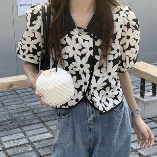 Short-sleeve Floral Blouse Black - One Size