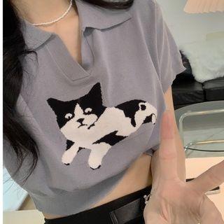 Cat Printed Short-sleeve Polo Knit Top