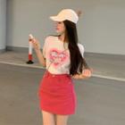 Heart Print T-shirt / Denim Mini Pencil Skirt / Set