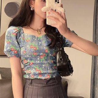 Puff-sleeve Floral Denim Blouse