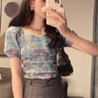 Puff-sleeve Floral Denim Blouse