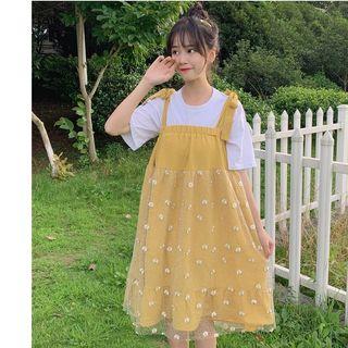 Sleeveless Embroidered Lace Overlay Dress Curcumin - One Size