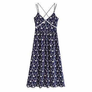 Strappy Floral Embroidered Midi Dress