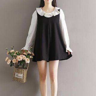 Plain Frill Trim Long Sleeve Blouse / Plain Pinafore Playsuit