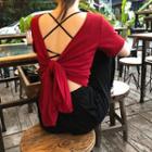 Open Back Short-sleeve T-shirt / High-waist Cropped Harem Pants