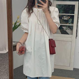 Puff Sleeve Crewneck Plain Dress White - One Size