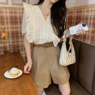V-neck Lace Blouse / High-waist Shorts
