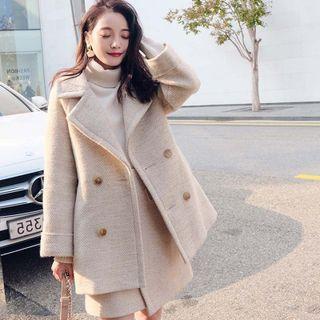 Set: Notch Lapel Double-breasted Coat + Mini A-line Skirt