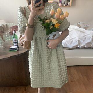 Square-neck Puff-sleeve Dress Green - One Size