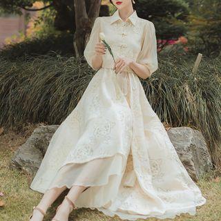 Plain Embroider Mesh Button-up Top / Plain Embroider A-line Dress