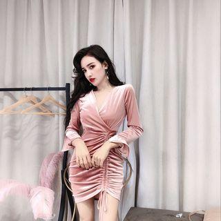 Long-sleeve Drawstring Sheath Velvet Mini Dress