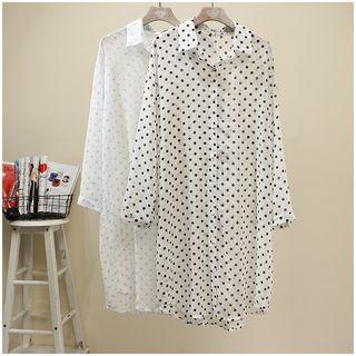 Long-sleeve Dotted Long Shirt Off-white - One Size