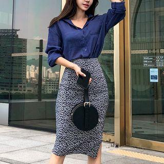 Set: Plain Blouse + Leopard Fitted Midi Skirt