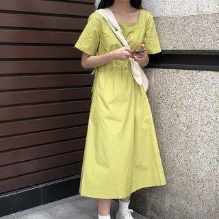 Drawstring Square-neck Short-sleeve Midi A-line Dress Avocado Green - One Size