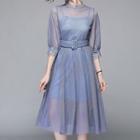 Set: Slipdress + Lace Trim Dotted Mesh Elbow-sleeve Midi A-line Dress