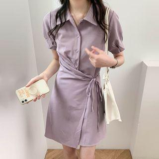 Plain Button-up Drawstring A-line Mini Dress