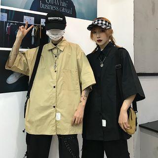 Front Pocket Plain Elbow-sleeve Casual Shirt