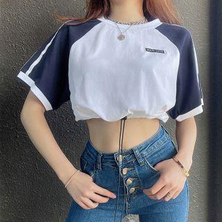Contrast-sleeve Drawstring Hem Cropped T-shirt
