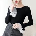 Bell-sleeve Mesh Trim Knit Top