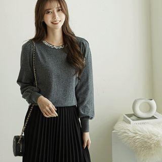 Bishop-sleeve Faux-pearl Embellished Knit Top