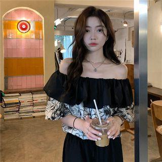 Off-shoulder Printed Shirred Blouse