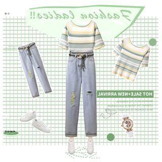 Short-sleeve Striped Knit Top / Distressed Jeans / Belt / Set