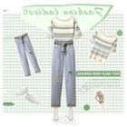 Short-sleeve Striped Knit Top / Distressed Jeans / Belt / Set