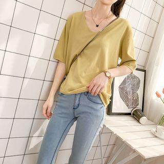 Elbow-sleeve Scoop-neck Knit Top