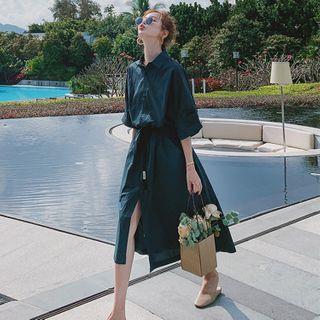 Elbow Sleeve Tie-waist A-line Shirtdress