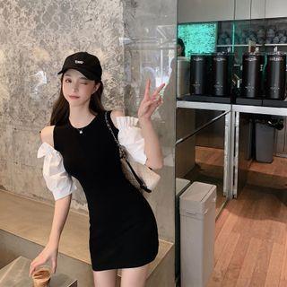 Cold-shoulder Two-tone Mini Sheath Dress / Blouse