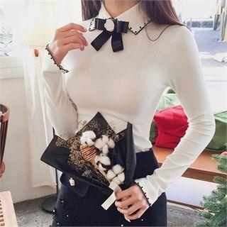 Collared Beaded Slim-fit Knit Top With Brooch