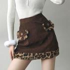 Leopard Print Fluffy Trim Corduroy Mini A-line Skirt