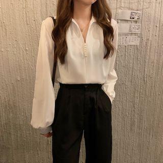 V-neck Faux Pearl Blouse