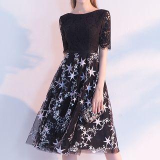 Short-sleeve Embroidered Midi A-line Cocktail Dress