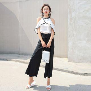 Set: Cold Shoulder Chiffon Top + Crop Wide Leg Pants