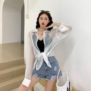 Plain Long-sleeve Light Shirt / V-neck Cropped Camisole
