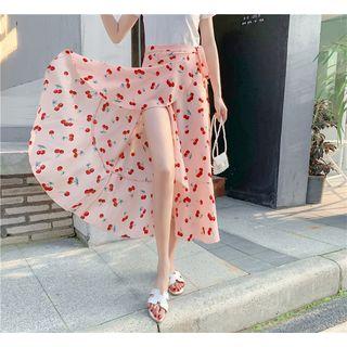 Cherry Print Midi Wrap Skirt