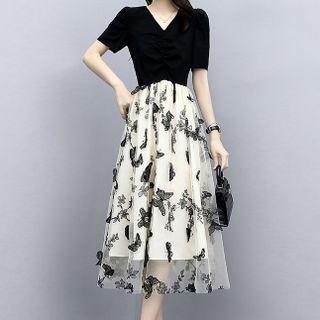 Short-sleeve Butterfly Applique Mesh Midi A-line Dress