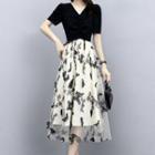 Short-sleeve Butterfly Applique Mesh Midi A-line Dress
