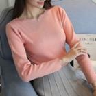 Long-sleeve Scalloped-trim Beaded Knit Top