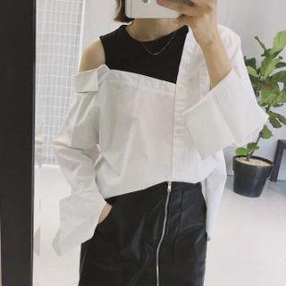 Cut-out Shoulder Paneled Shirt White - One Size