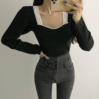 Long-sleeve Faux Pearl Embellished Top Black - One Size