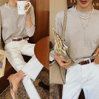 Crew-neck Stripe T-shirt Beige - One Size