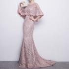 Lace Elbow Sleeve Evening Gown With Train