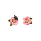 Fashion And Elegant Plated Gold Enamel Pink Flower Butterfly Asymmetric Stud Earrings Golden - One Size